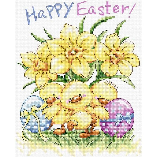 LetiStitch Three Chicks with Daffodils & Egg Counted Cross Stitch Kit